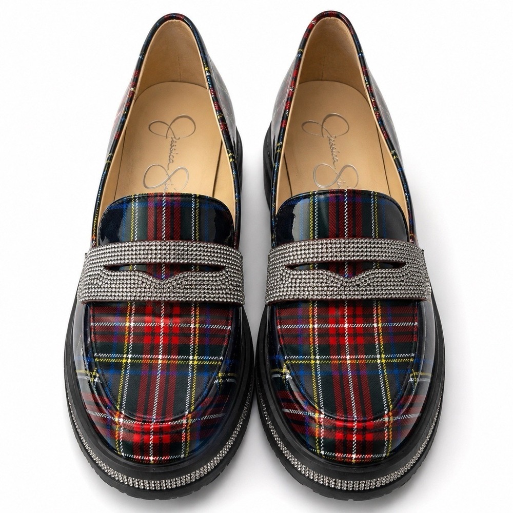 Jessica Simpson Plaid Patent Loafers Rhinestone Trim Women's Size 8M